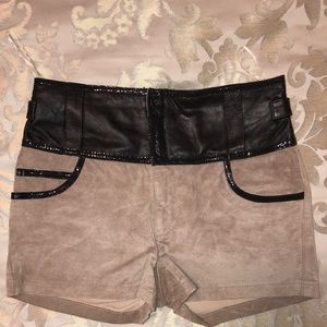 Vintage Leather Suede Shorts Embroidered canvas